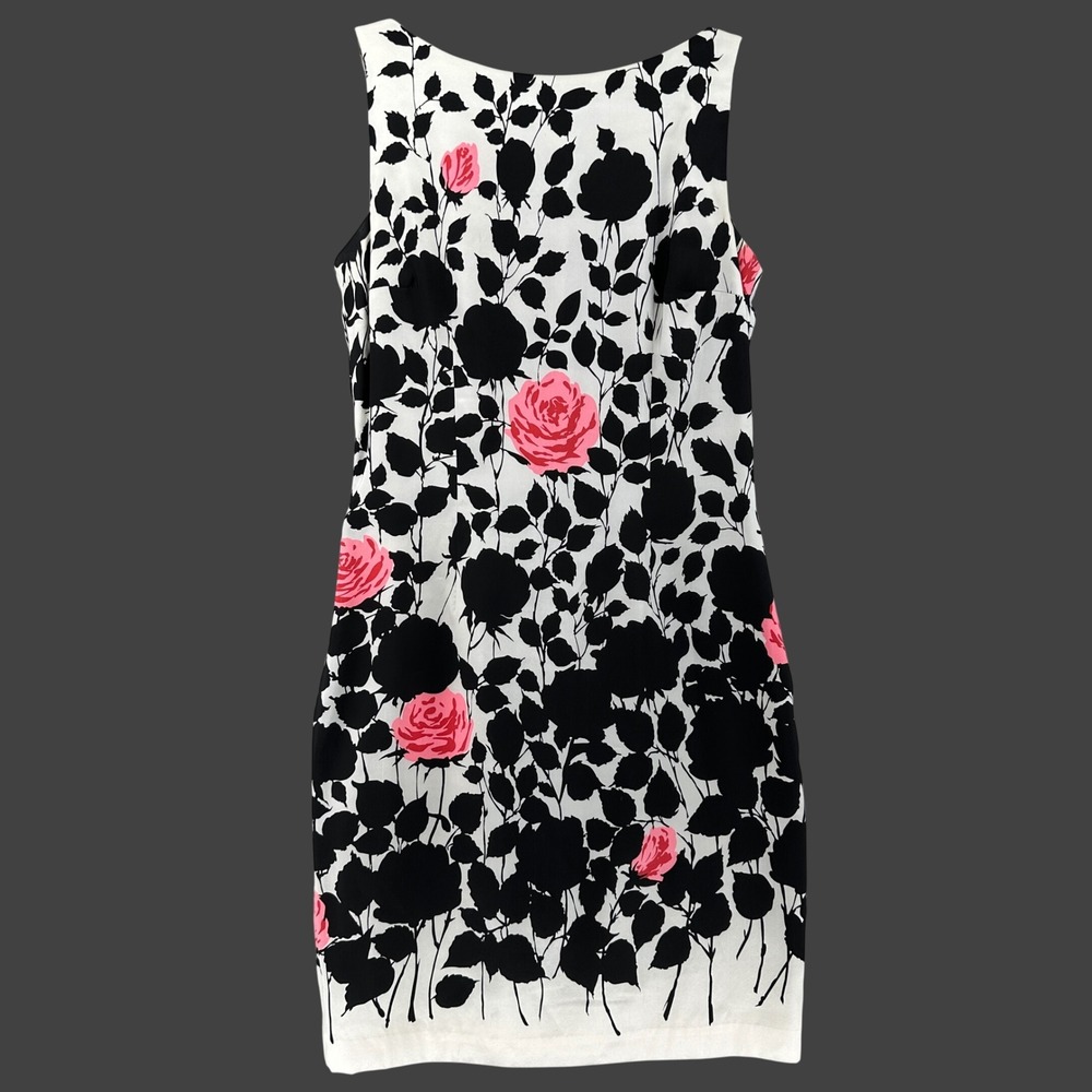 90s Maggy London Womens Pink Black Floral Rose Silk Button Back Sheath Dress 10